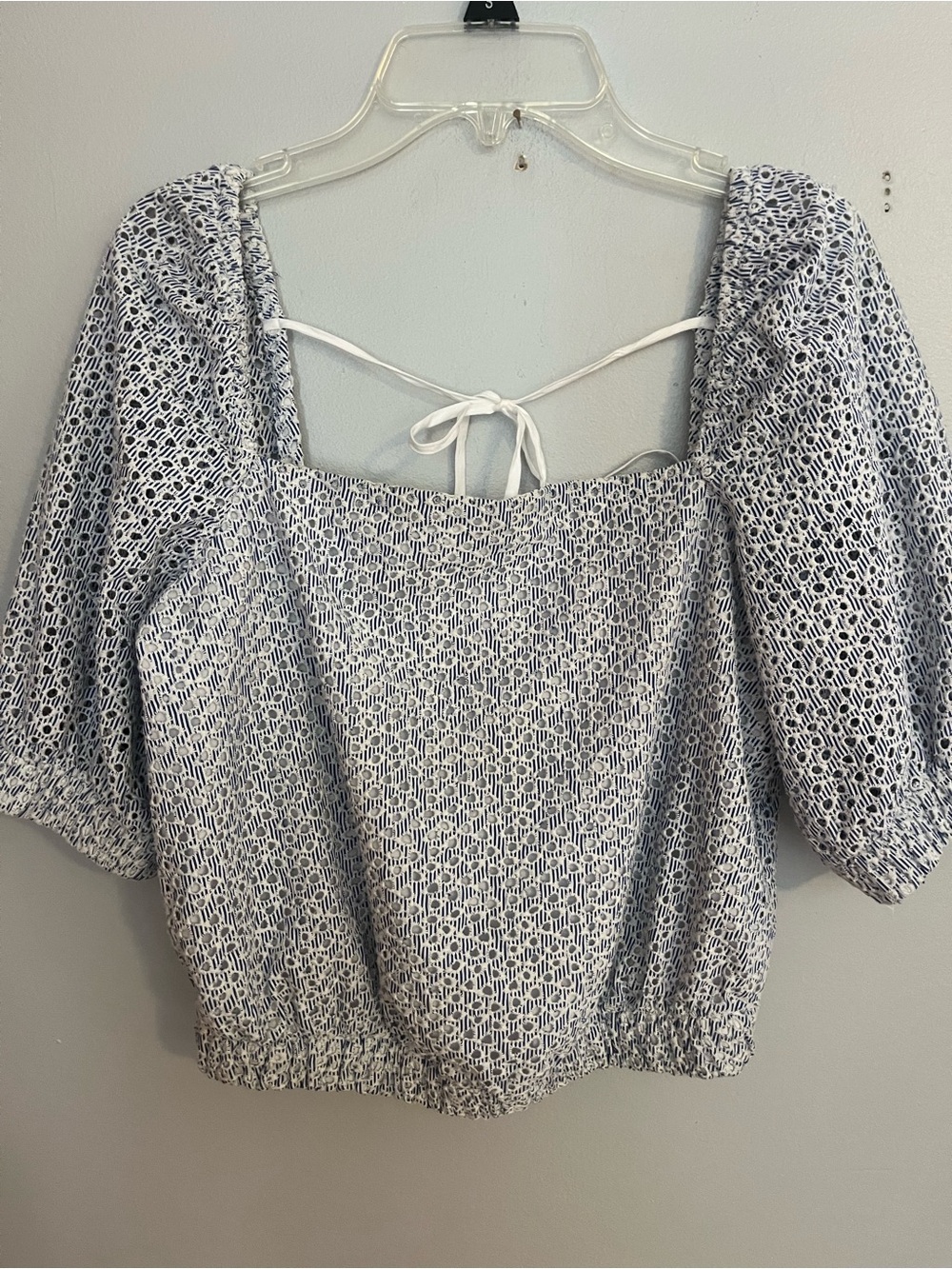 Everlane Blue and White Square-Neck Puff Sleeve Crop‎ Top